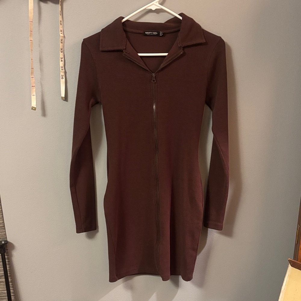 Nasty Gal brown ribbed Zip-Up Long Sleeve Dress